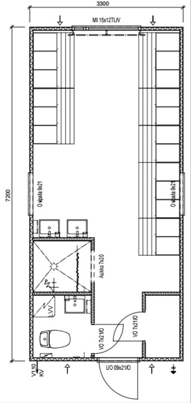 SOSIAALITILA A20, WC, SUIHKU, PUKUKAAPIT 20 HENKILÖLLE 3,3 X 7,2M