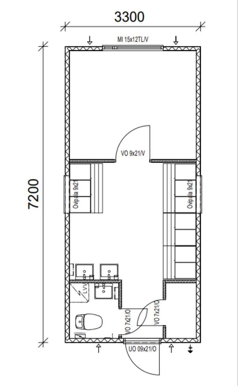 SOSIAALITILA B10, RUOKAILU, PUKU- JA WC-TILAT 10 HENKILÖLLE 3,3 X 7,2M